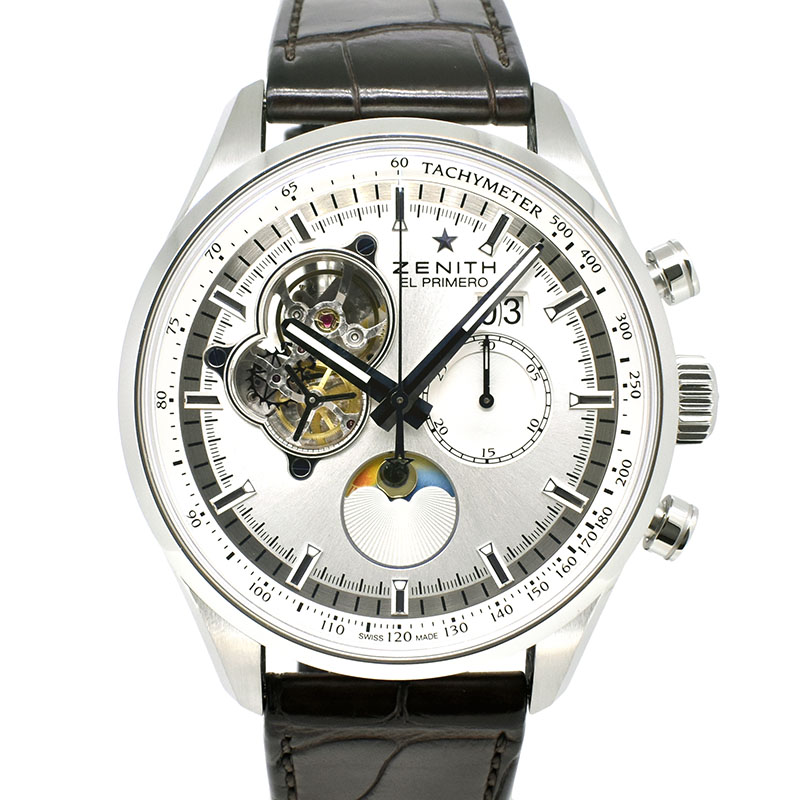 ゼニス　ZENITH　クロノマスターオープン ムーンフェイズ　03.2160.4047/01.C713　SS　45mm　シルバー　革　USED　中古