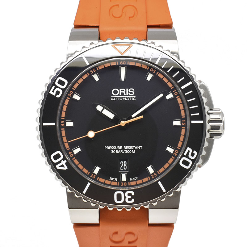 オリス　ORIS　アクイス　デイト　733 7653 4128R　SS　43mm　ブラック　オレンジラバー　USED　中古