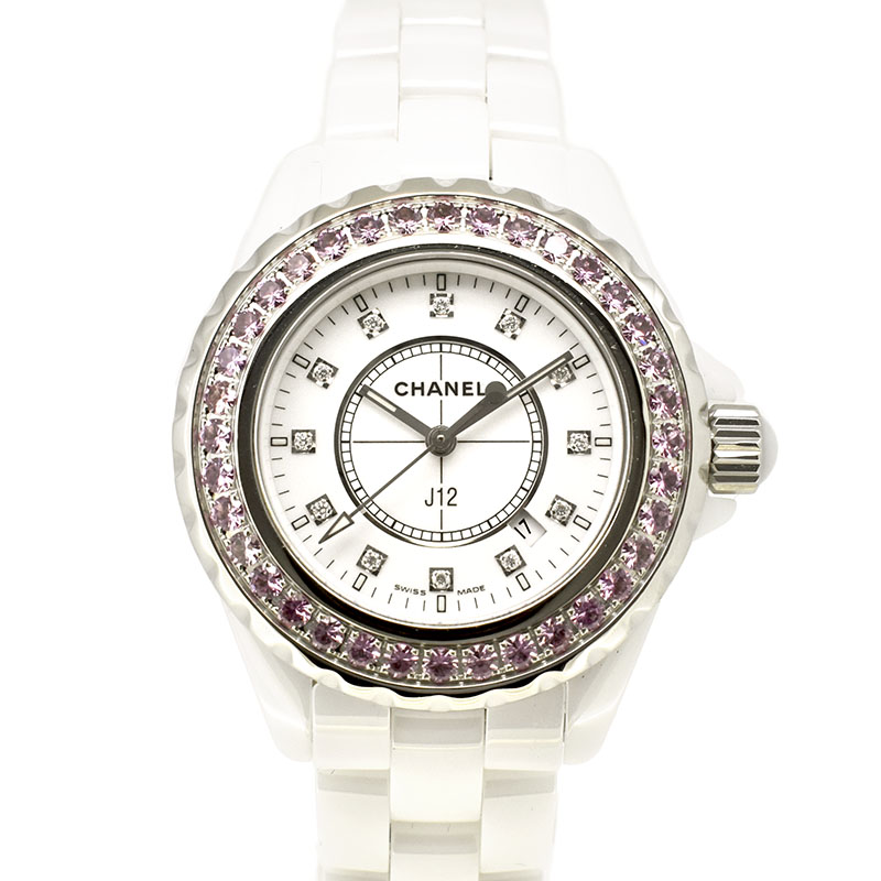 シャネル　CHANEL　J12　H2010　レディース　33mm　ピンクサファイアベゼル　12Pダイヤ　ホワイト　USED　中古