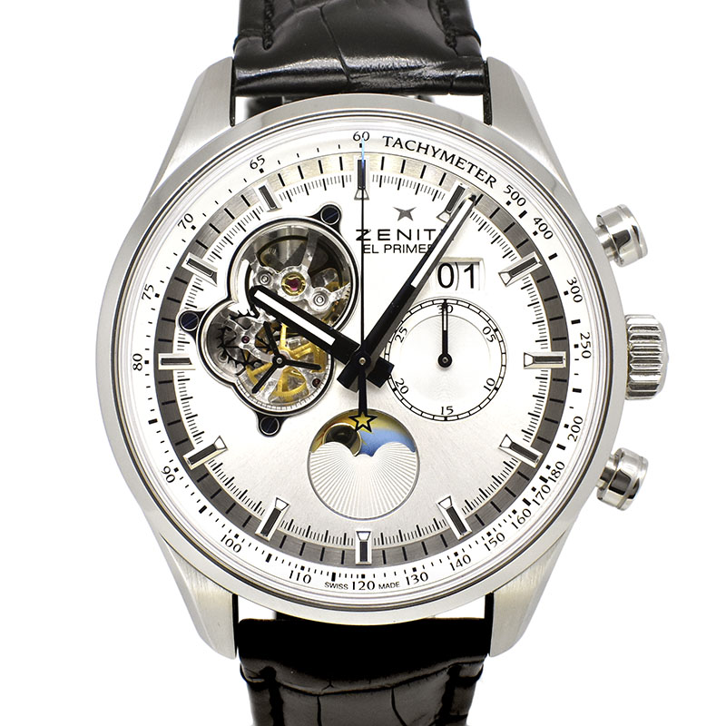 ゼニス　ZENITH　クロノマスターオープン ムーンフェイズ　03.2160.4047/01.C713　SS　45mm　シルバー　革　USED　中古