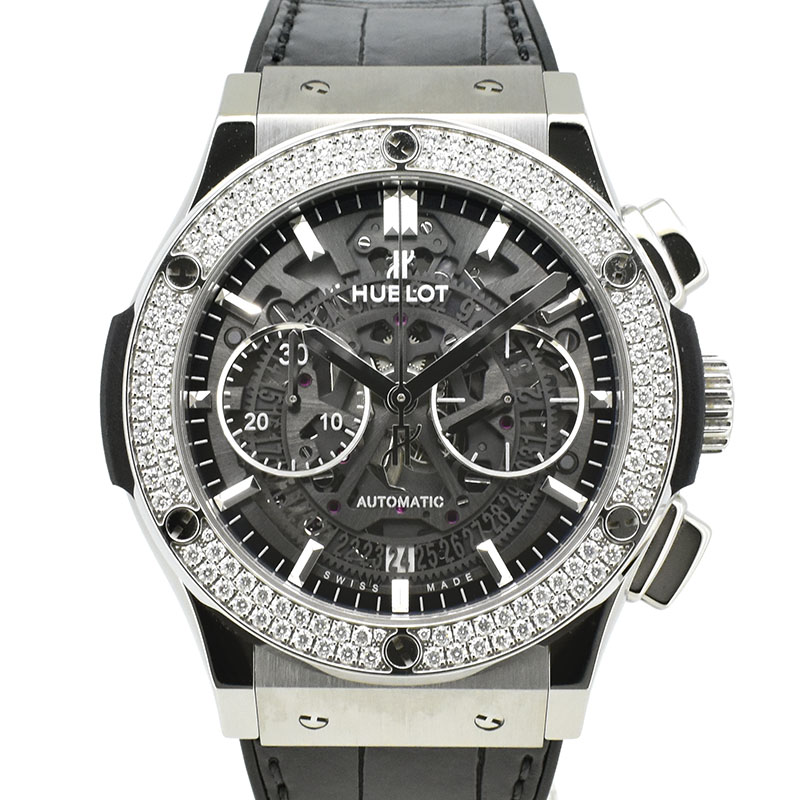 ウブロ　HUBLOT　クラシックフュージョン アエロ クロノグラフ ベゼルダイヤ　525.NX.0170.LR.1104　チタン　革ベルト　45mm　USED　中古