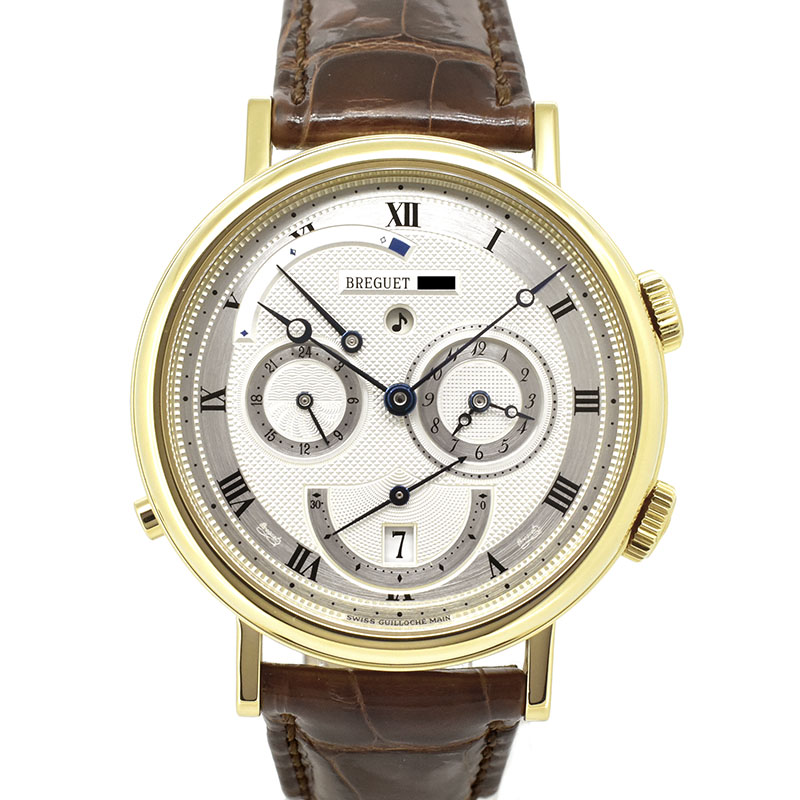 ブレゲ　BREGUET　クラシック GMT アラーム ロシア皇帝ツァーリの目覚め　5707BA/12/9V6　18KYG　シルバー　39mm　革ベルト　USED　中古