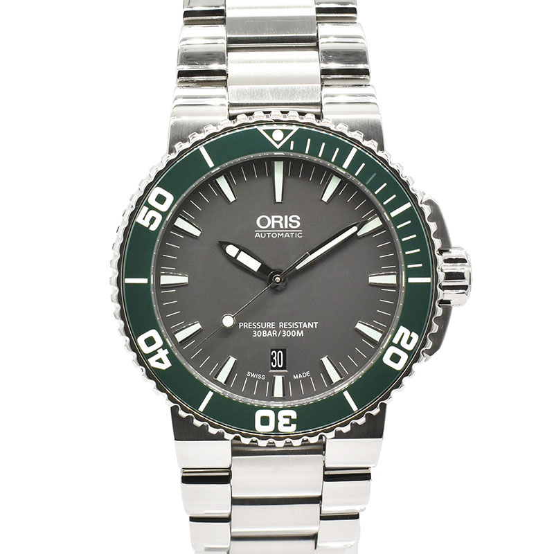 オリス　ORIS　アクイス　デイト　733 7653 4137M　グレー　グリーンベゼル　43mm　USED　中古