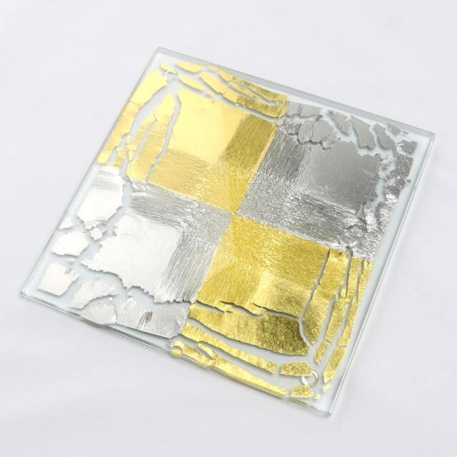 オーダー生産】箔ガラス 四角トレー 市松 金・プラチナ 今井金箔