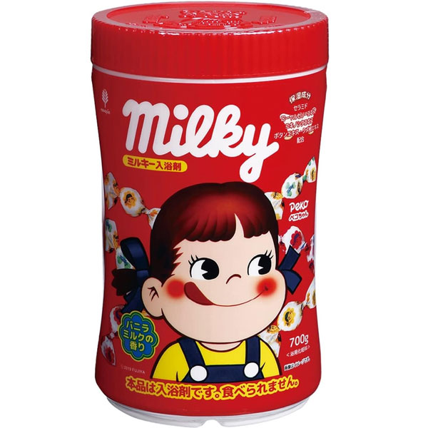 紀陽除虫菊 ミルキー ペコちゃんボトル入り 粉末入浴剤 700g バニラミルクの香り 保湿成分配合 乳白色タイプ