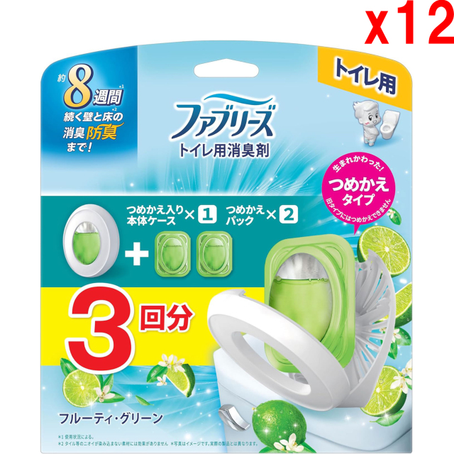 ●12セット ファブリーズ 消臭芳香剤 トイレ用 フルーティー・グリーン 詰め替え入り本体ケース 6.3mL+詰め替え 6.3mL×2個