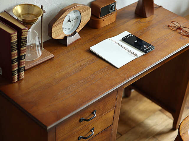 福岡発 テーブル 事務机 スチール ブラウン系 収納 引き出し 120cm木目