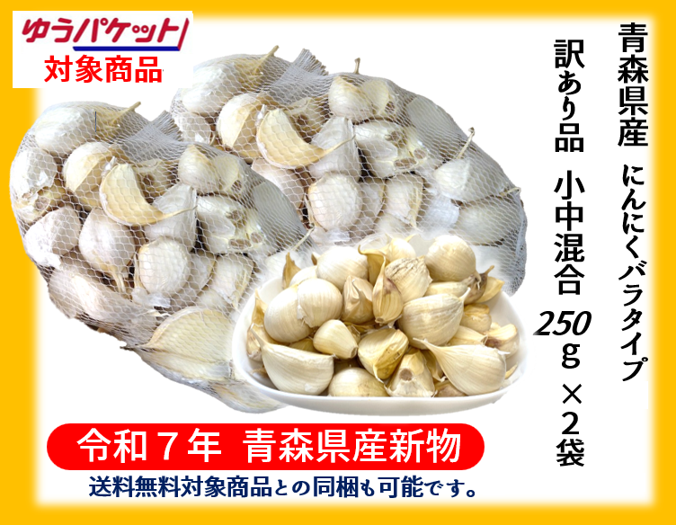 《【ゆうパケット対応】【送料無料対象商品との同梱も可能です。】》【令和７年青森県産新物福地ホワイト六片ミネラルにんにく訳あり品バラ250ｇ2袋】