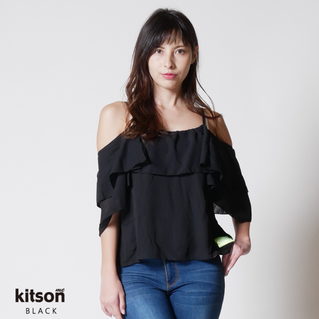 キャミソール オフショルパールネックフリルキャミトップス kitson me オフショルフリルキャミトップス
