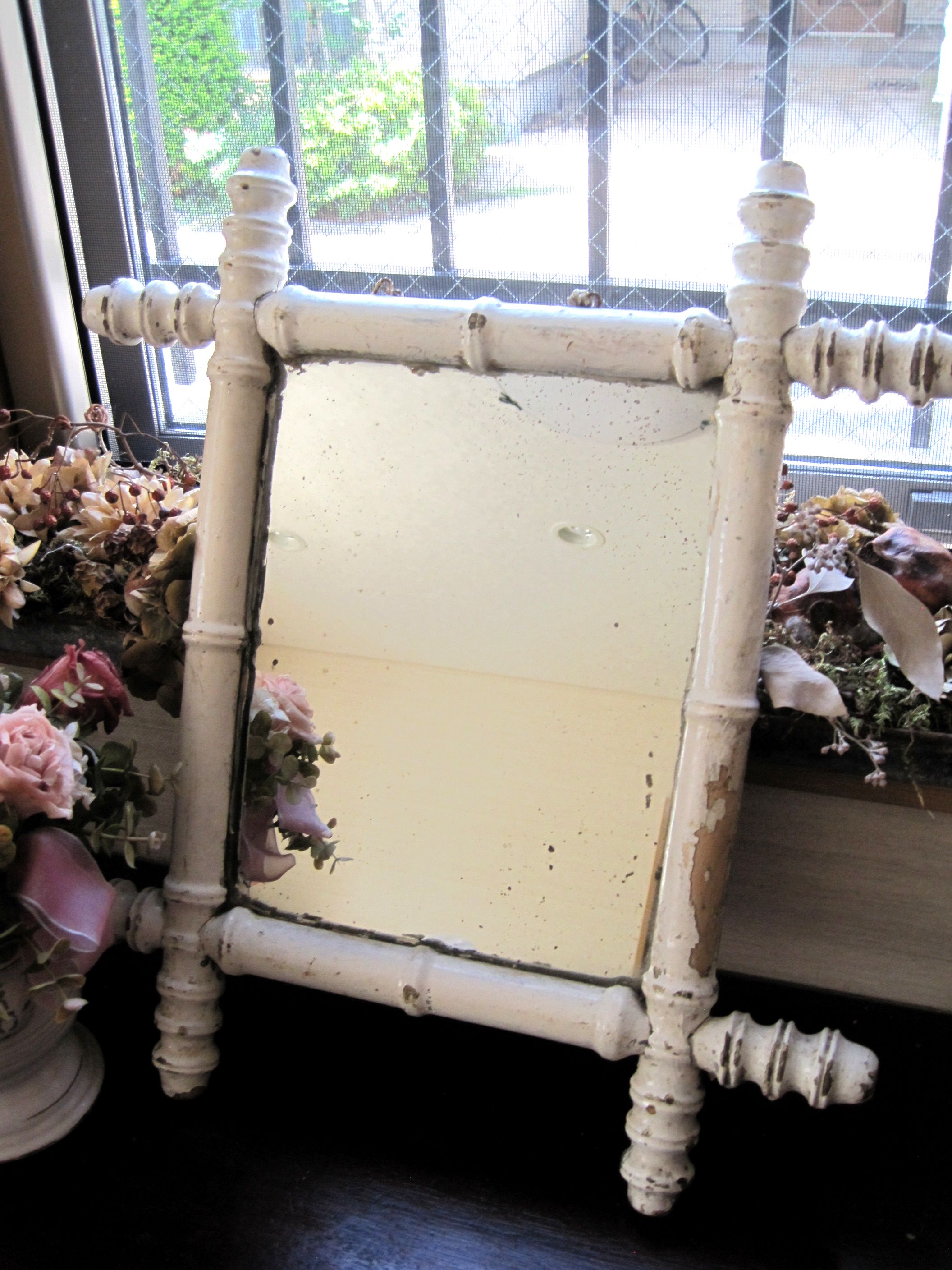 フランスアンティーク　バンブー調ミラー　白　　