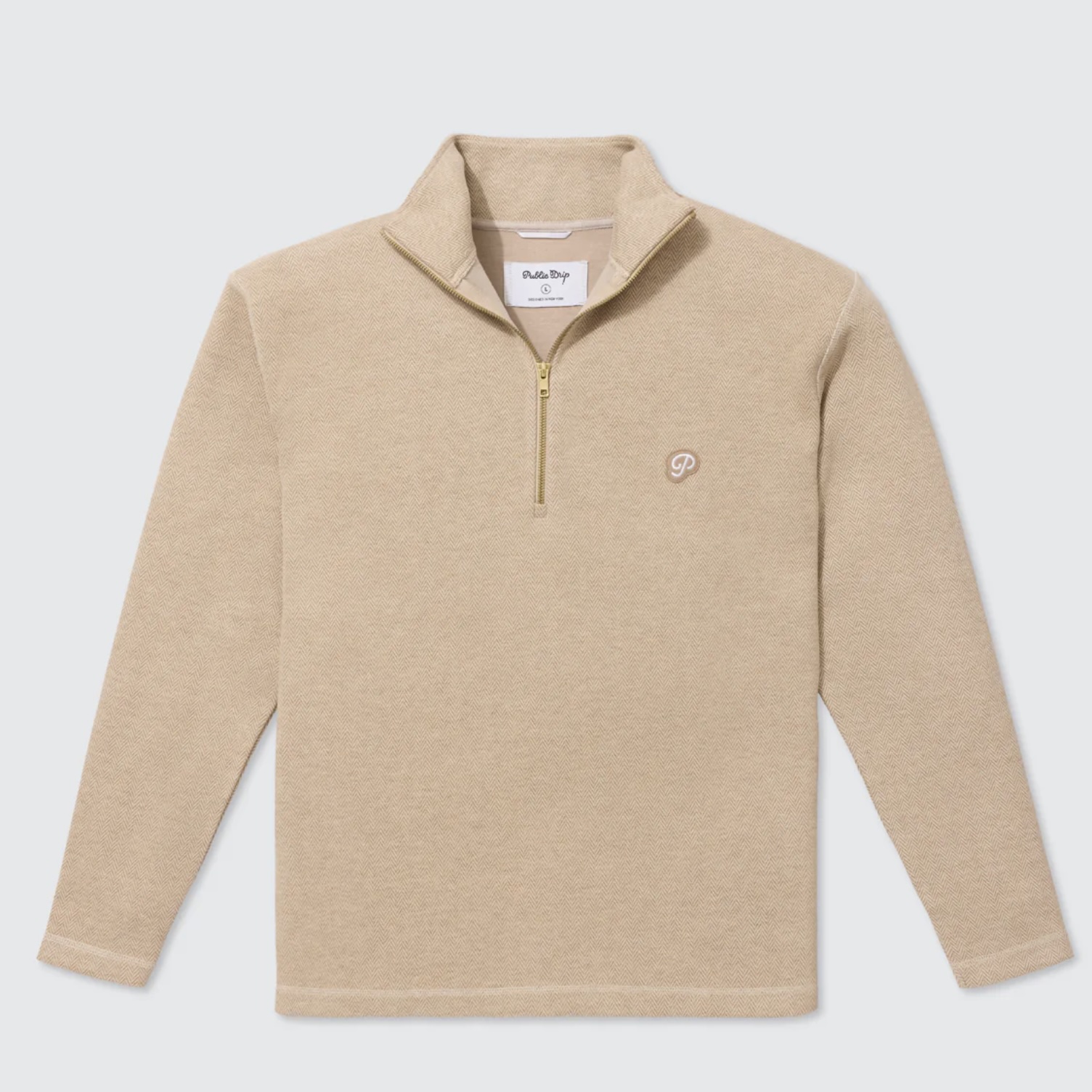 Public Drip メンズ ハーフジップセーター Herringbone Cream Beige 正面画像