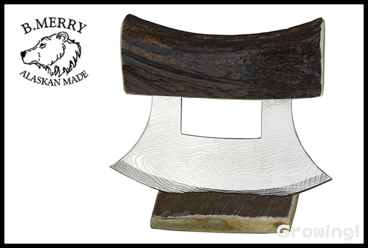 B Merry【Bメリー】■ ウルナイフ 【ダマスカス】【ムースアントラー】Ulu Moose Antler