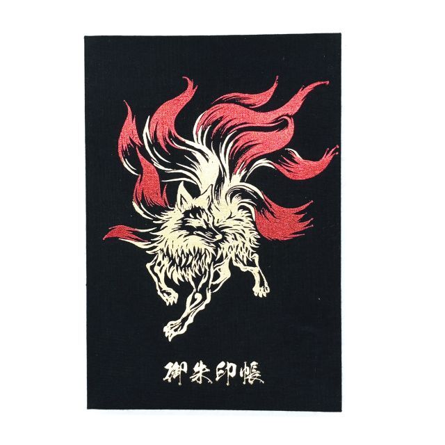 御朱印帳 九尾狐 黒布クロス 艶消し金箔 赤箔押し 蛇腹式 大判サイズ