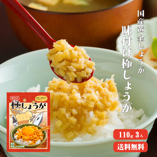 【ゆうパケット送料無料】　ご飯の友味付け極しょうが 110g×3　国産生姜 酢しょうが 黒酢 ショウガ おかず生姜 万能調味料 ご飯の友