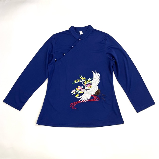 鶴刺繍チャイナ長袖シャツ