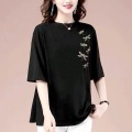 蜻蛉刺繍七分袖Tシャツ