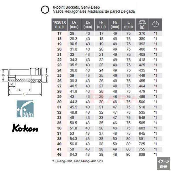 コーイ 専用 Koken（コーケン) 16301X (3/4sq -19.0mm) 薄肉インパクトセミ
