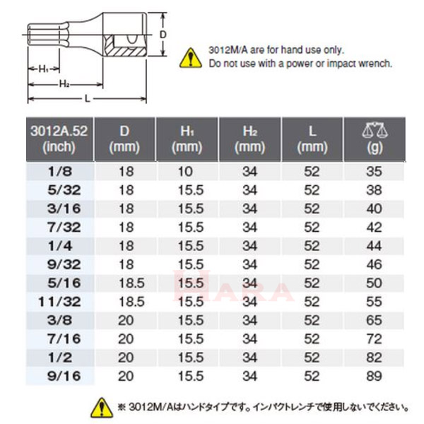 Koken 3012A.52 サイズチャート