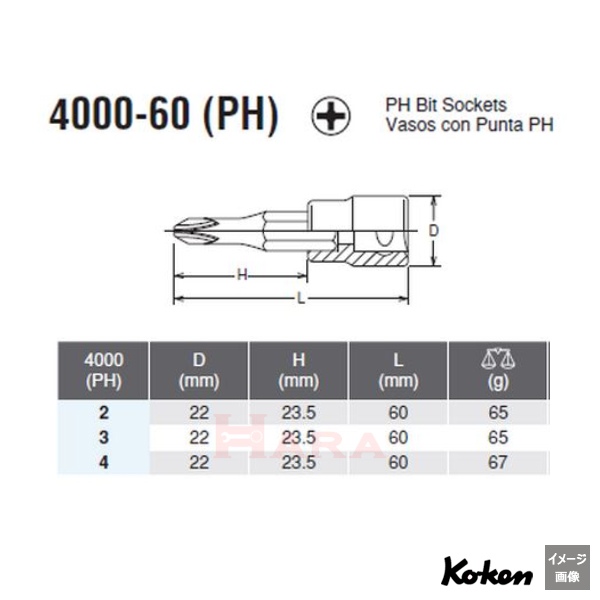 Koken 4000 プラスビットソケット　サイズ表