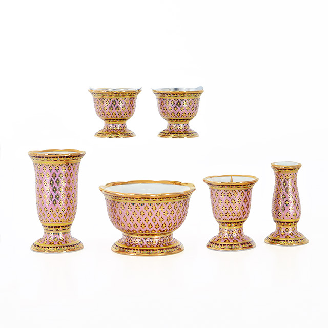 陶器 ベンジャロン  ピンク 3.0寸 6点セット