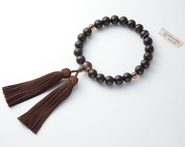 男性用 略式数珠（片手念珠） 素挽黒檀 22珠茶水晶仕立正絹頭