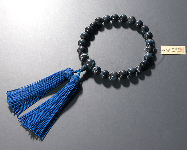 男性用 略式数珠（片手念珠） 青虎目石 22珠共仕立正絹頭