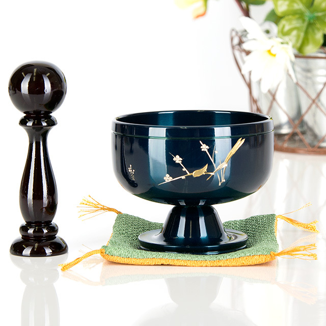 高台 りん ふくさ付 「遊亀」(ゆうき) ブルー 梅うぐいす彫