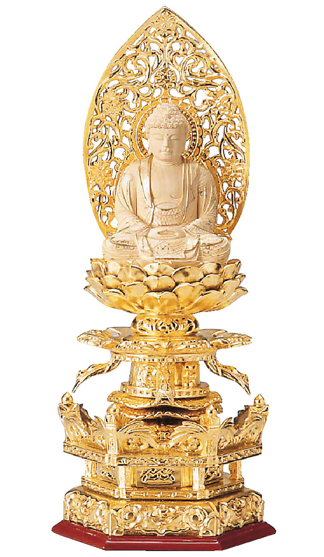 金箔六角ケマン 仏白檀 座釈迦 唐草光背 仏金泥
