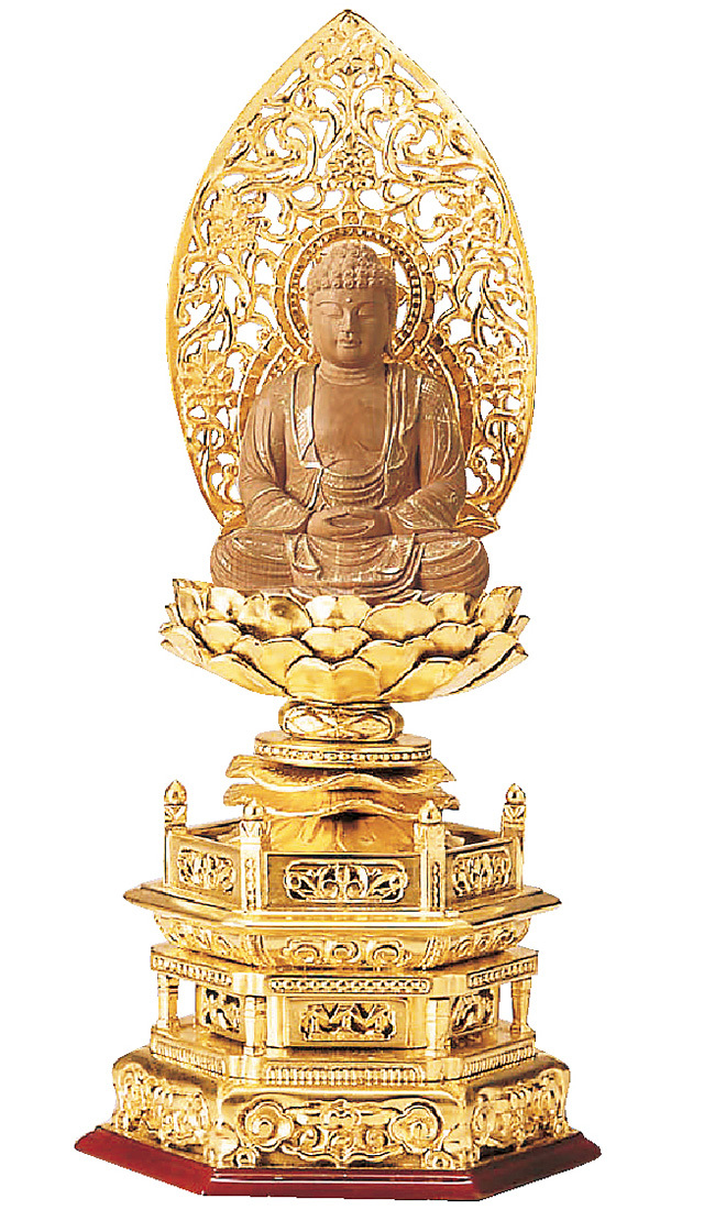 純金箔六角台座 仏白檀 座釈迦 唐草光背 仏金泥