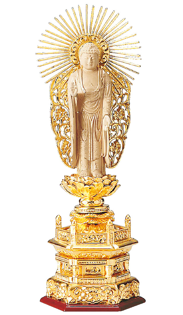 純金箔押 六角台座 西立弥陀 櫛光背 仏金泥