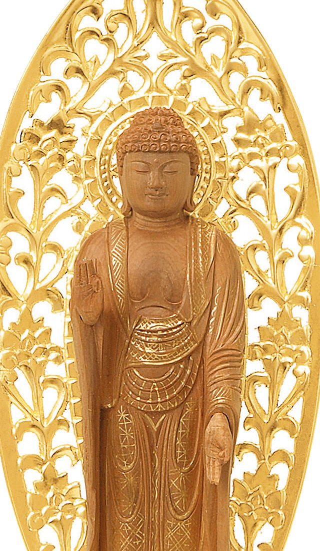 純金箔押 六角台座 仏白檀 舟立弥陀 唐草光背 仏金泥 4.0寸～6.0