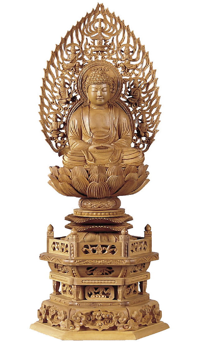 白檀 六角台座 座釈迦 飛天光背