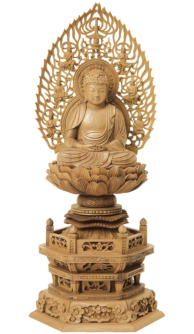 白檀　金泥書　座弥陀　仏像 白檀 六角台座 座弥陀 飛天光背 金泥書 2.0寸～3.0寸 | 激安仏壇仏具の