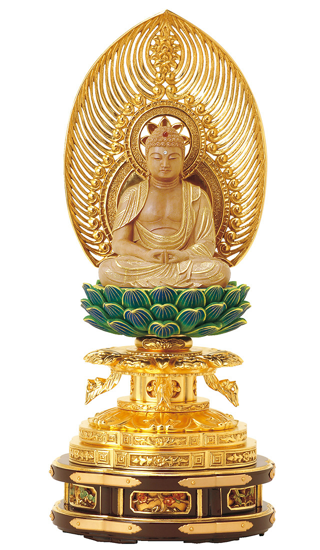 白檀 上彫座弥陀 箔押木瓜 丸台座