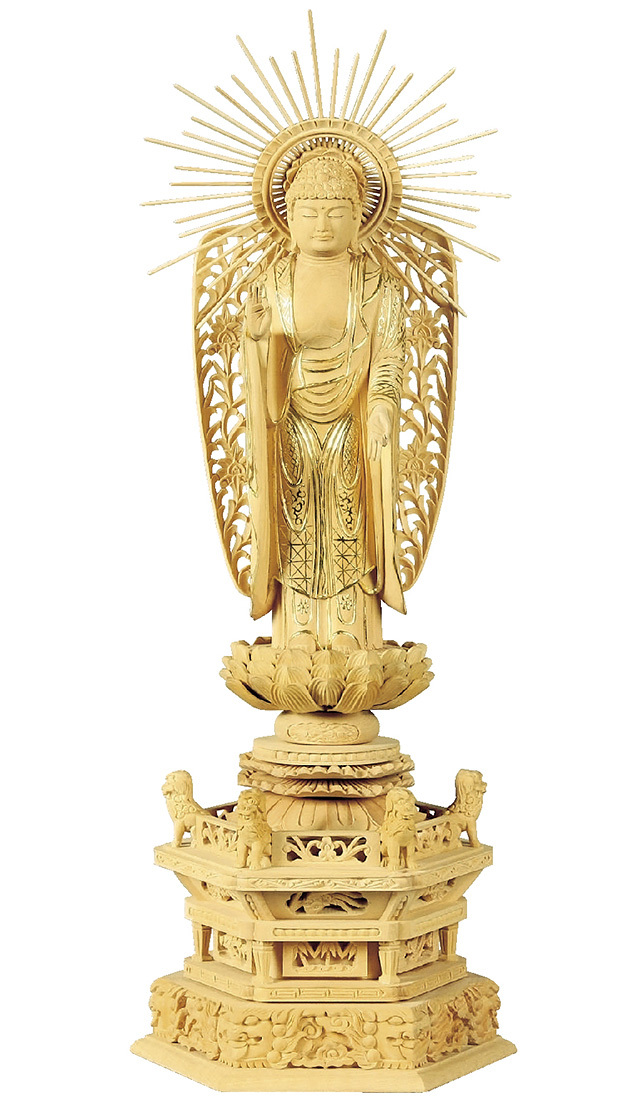 柘植 六角鬼面麒麟台座 西立弥陀 西型光背 玉眼入