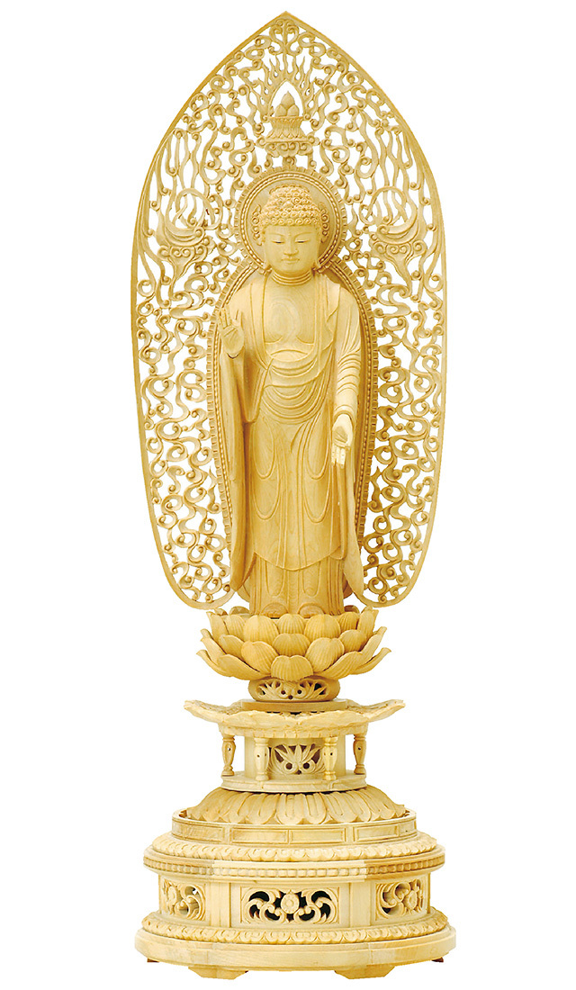 柘植 金剛蓮華台座 舟形祥雲光背 立弥陀 玉眼入