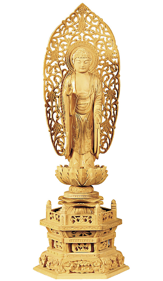 柘植 六角台座 舟立弥陀 唐草光背