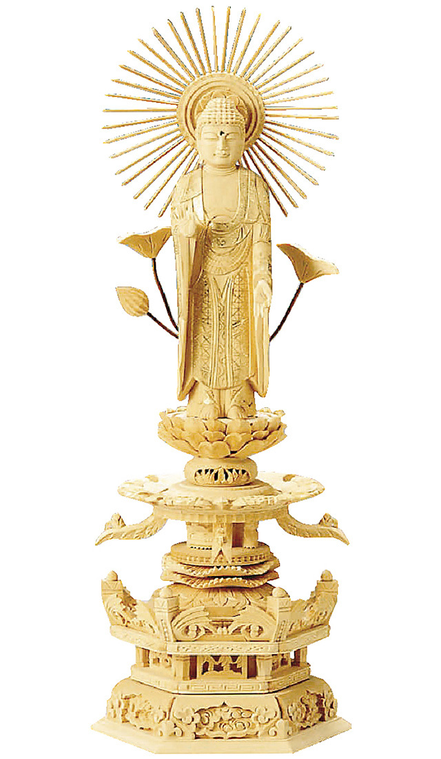 白檀　金泥書　丹型阿弥陀如来　4.5寸  六角ケマン台　木彫り　仏像アンティーク 総白木 六角台座ケマン付 東立弥陀 金泥書 4.0寸～6.0寸 | 激安