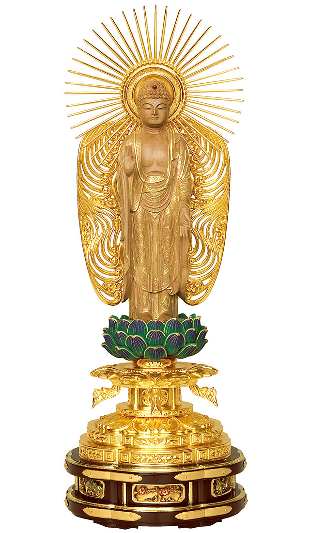 白檀 上彫西立弥陀 箔押木瓜 丸台座