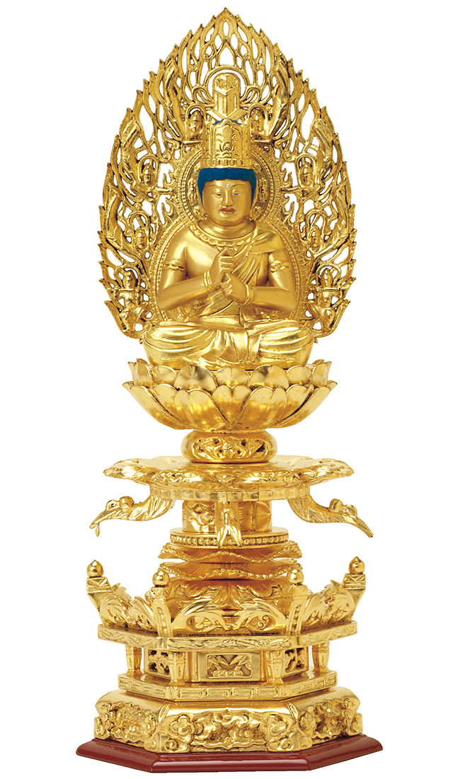 大日如来明治大正時代頃木製金箔塗座像高さ４３センチ（台座含む）台座虫喰い有り品 総木製 純金箔押 京型六角台座 ケマン付 大日如来 吹蓮華 2.0寸