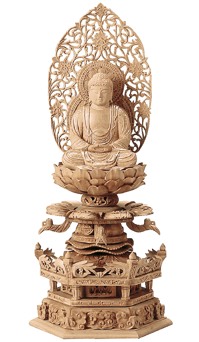 希望価格白檀仏像木彫釈迦如来座像六角台座唐草光背アクリルケース付き