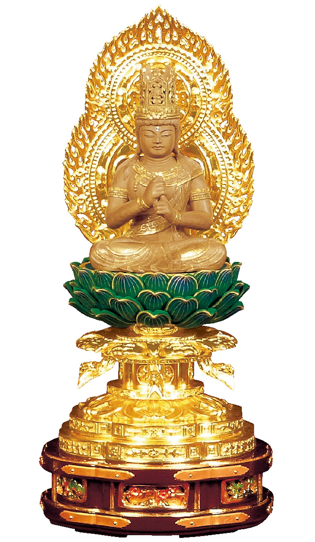 白檀 上彫大日如来 箔押木瓜 丸台座