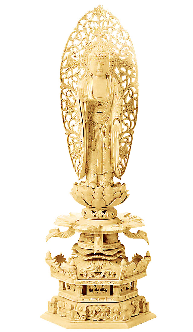 仏像　総白檀　仏像　木彫　舟立阿弥陀　六角台座ケマン付　飛天光背　金泥書　16 仏像 総白檀 仏像 木彫 舟立阿弥陀 六角台座ケマン付 飛天光背 金泥書