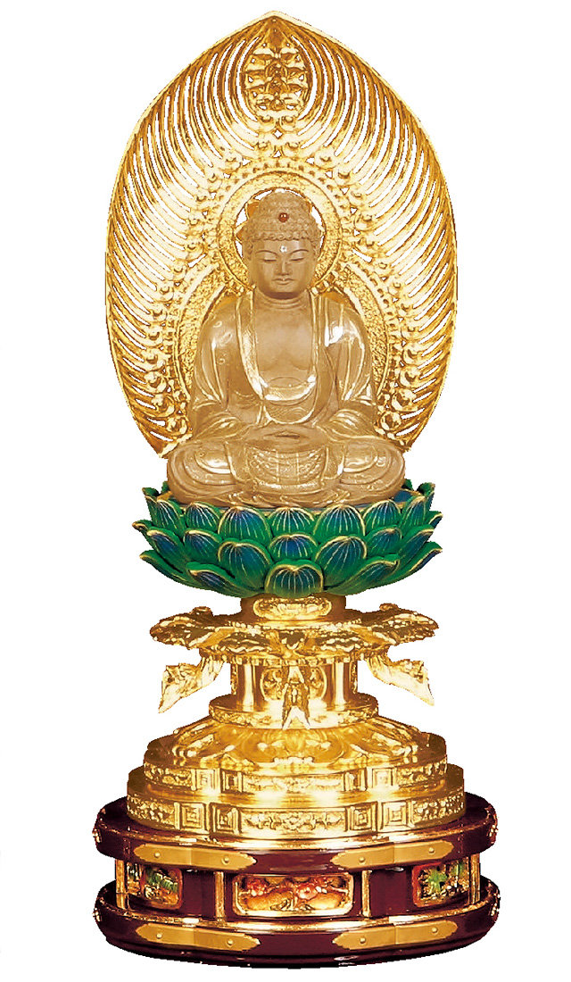白檀 上彫釈迦 箔押木瓜 丸台座