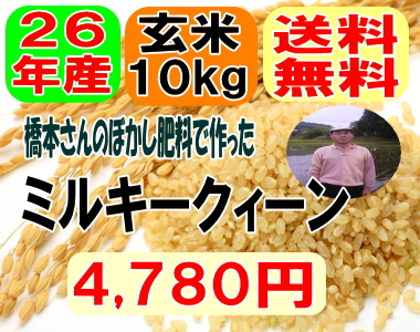 本州限定・送料無料!!28年産!!橋本さんのぼかし肥料で作ったミルキークィーン玄米10kg【5kg×2】