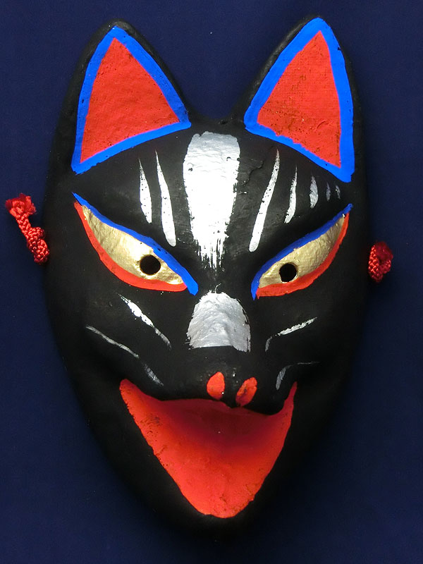 房本デザイン工芸：狐面・黒｜口開け（布張り）
