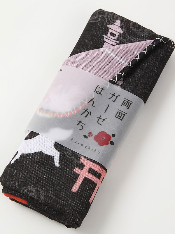 くろちく：両面ガーゼはんかち 千本鳥居