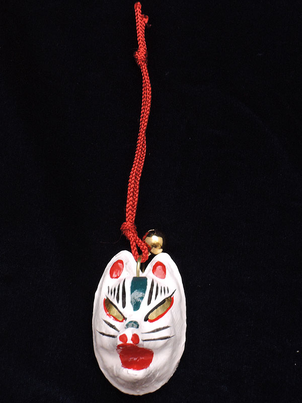 房本デザイン工芸：狐面腰下げ・白狐[全四色]｜口開け