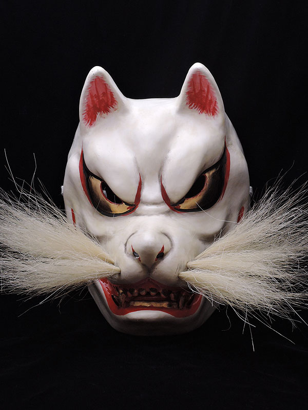 柿田勝郎面工房：石見神楽面 小狐（白狐 咥え有）
