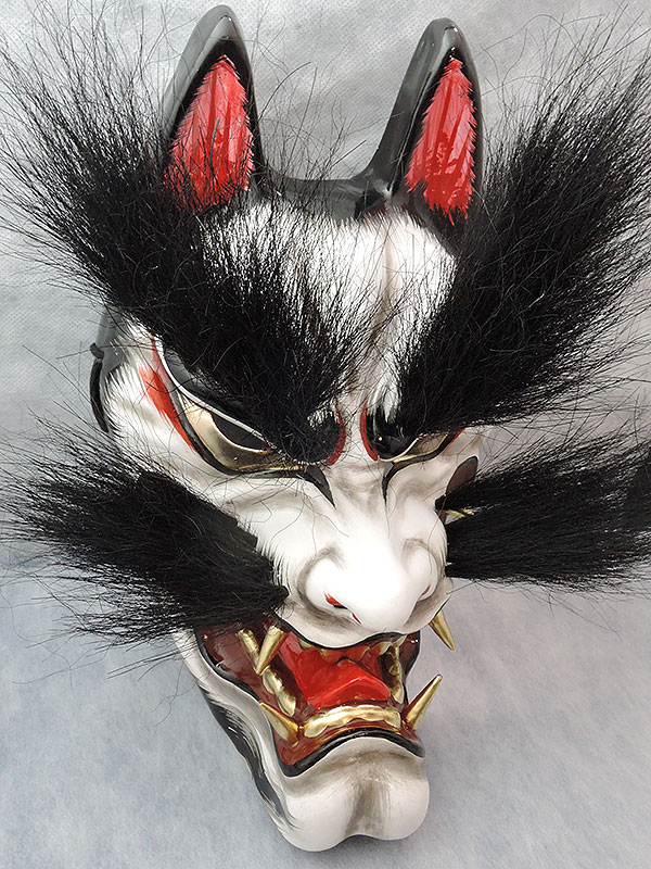 石見神楽面：悪狐（黒毛・眉毛有）